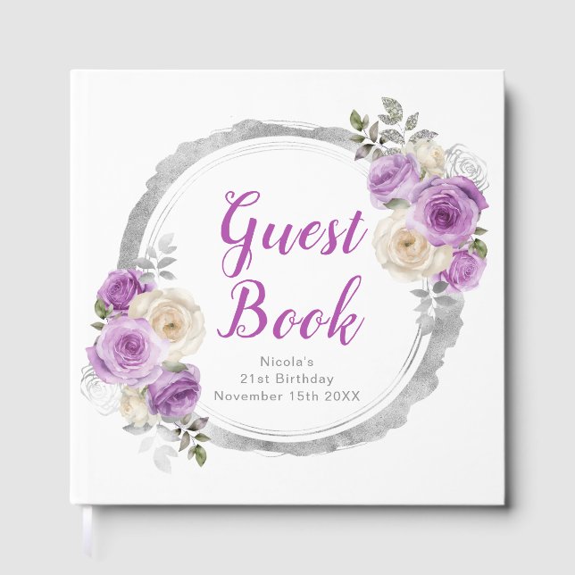 Purple and Silver Elegant Flowers Birthday Party Guest Book (Front)