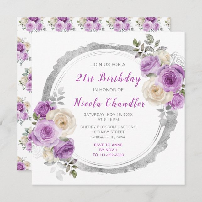 Purple and Silver Elegant Flowers Birthday Party Invitation (Front/Back)