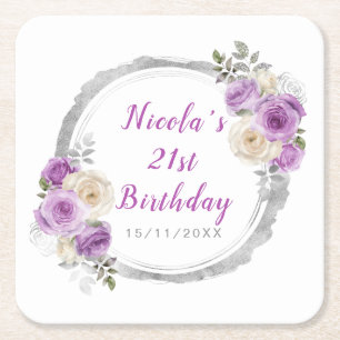 Purple and Silver Elegant Flowers Birthday Square Paper Coaster