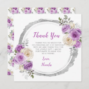 Purple and Silver Elegant Flowers Birthday Thank You Card