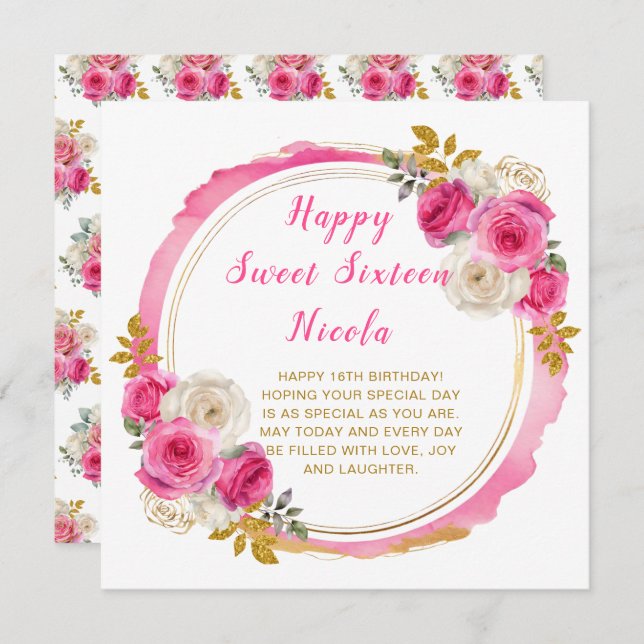 Purple and Silver Elegant Flowers Sweet Sixteen Card (Front/Back)