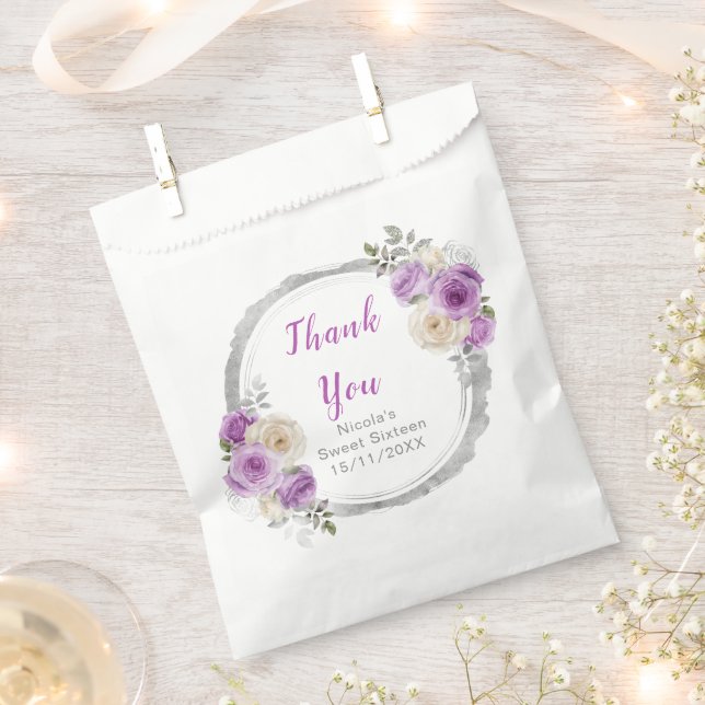 Purple and Silver Elegant Flowers Sweet Sixteen Favour Bag (Clipped)