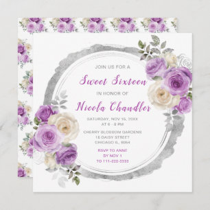 Purple and Silver Elegant Flowers Sweet Sixteen Invitation
