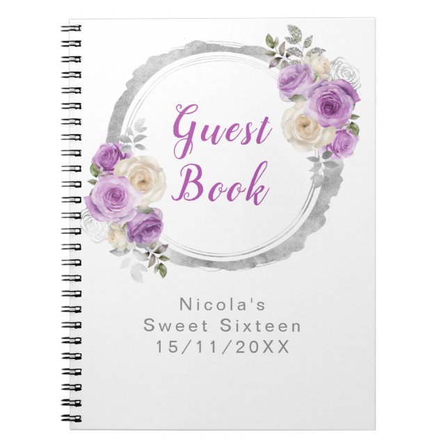 Purple and Silver Elegant Flowers Sweet Sixteen Notebook (Front)