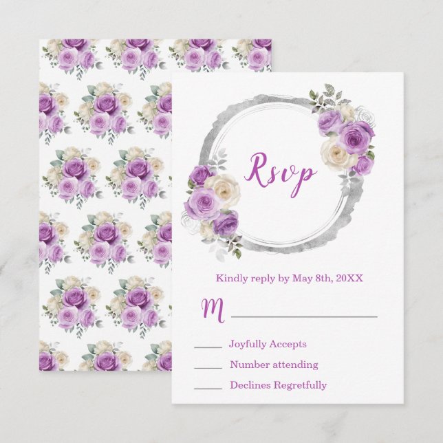Purple and Silver Elegant Flowers Sweet Sixteen RSVP Card (Front/Back)
