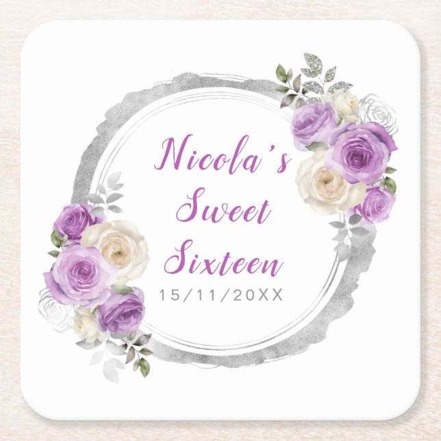 Purple and Silver Elegant Flowers Sweet Sixteen Square Paper Coaster (Front)