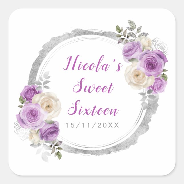 Purple and Silver Elegant Flowers Sweet Sixteen Square Sticker (Front)