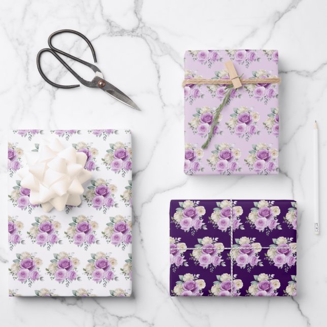 Purple and Silver Elegant Flowers Wrapping Paper Sheet (Front)