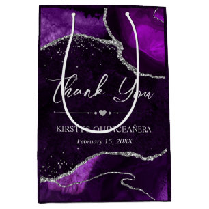 Purple and Silver Faux Glitter Agate Quinceanera Medium Gift Bag
