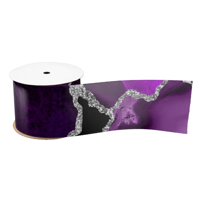 Purple and Silver Faux Glitter Agate Satin Ribbon (Spool)