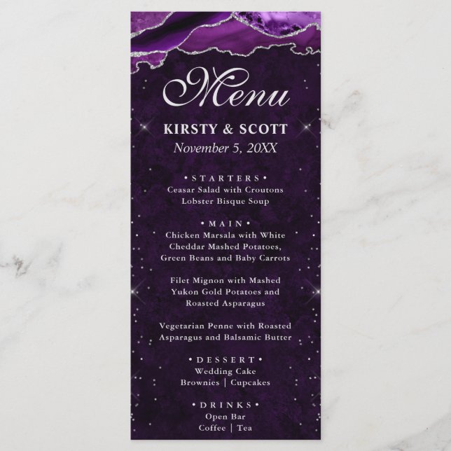 Purple and Silver Faux Glitter Agate Wedding Menu (Front)