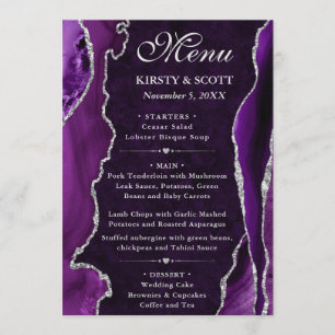 Purple and Silver Faux Glitter Agate Wedding Menu