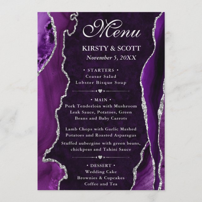 Purple and Silver Faux Glitter Agate Wedding Menu (Front)