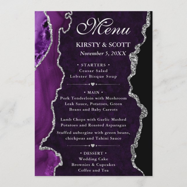 Purple and Silver Faux Glitter Agate Wedding Menu (Front)