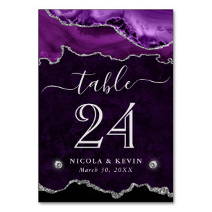 Purple and Silver Faux Glitter Agate Wedding Table Number