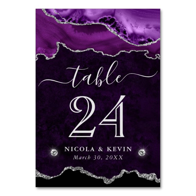 Purple and Silver Faux Glitter Agate Wedding Table Number (Front)