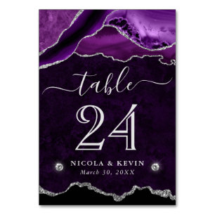 Purple and Silver Faux Glitter Agate Wedding Table Number
