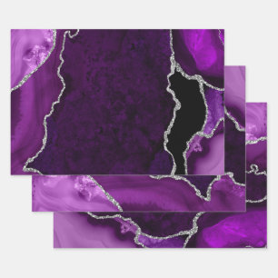 Purple and Silver Faux Glitter Agate Wrapping Paper Sheet