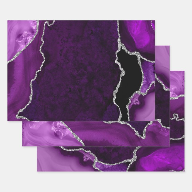 Purple and Silver Faux Glitter Agate Wrapping Paper Sheet (Set)