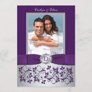 Purple and Silver Floral Photo Wedding Invitation