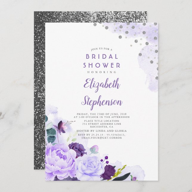 Purple and Silver Floral Romantic Bridal Shower Invitation (Front/Back)