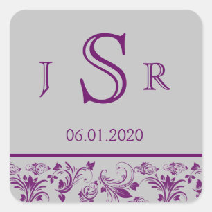 Purple and Silver Floral Scroll Monogram Sticker