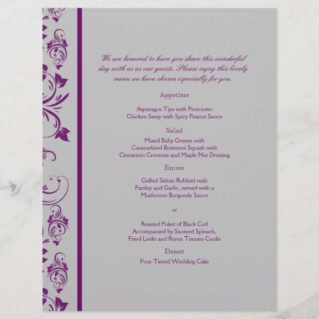 Purple and Silver  Floral Scroll Wedding Menu (Front)