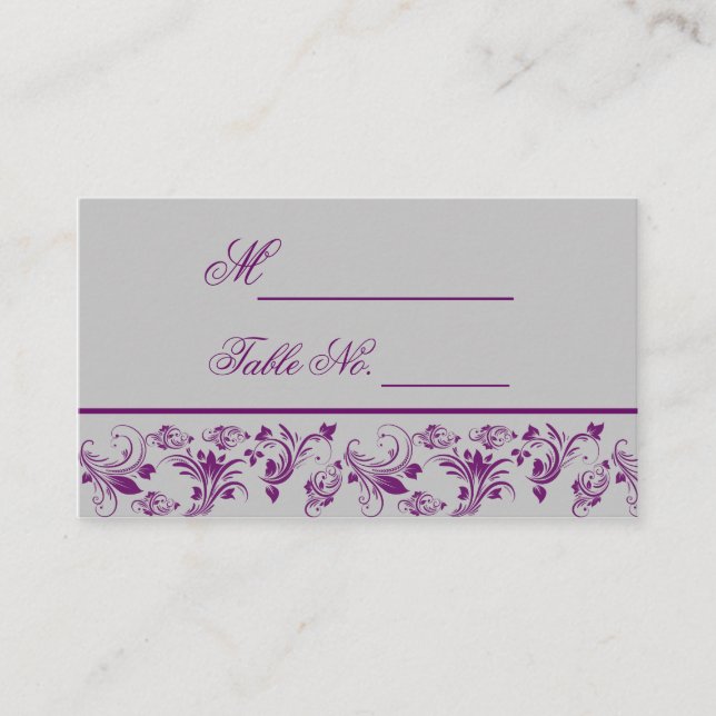 Purple and Silver Floral Scroll Wedding Place Card (Front)
