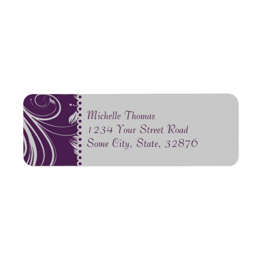 Purple and Silver Floral Swirls Wedding Address Return Address Label