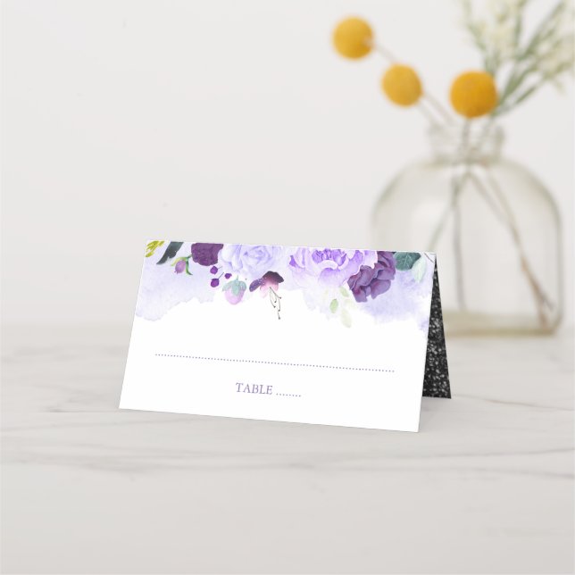 Purple and Silver Floral Watercolor Wedding Place Card (Front)