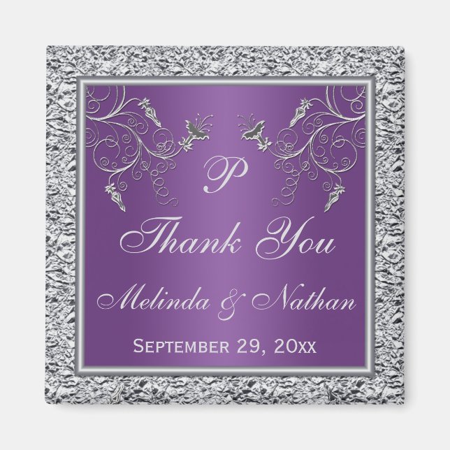 Purple and Silver Floral Wedding Favour Magnet (Front)