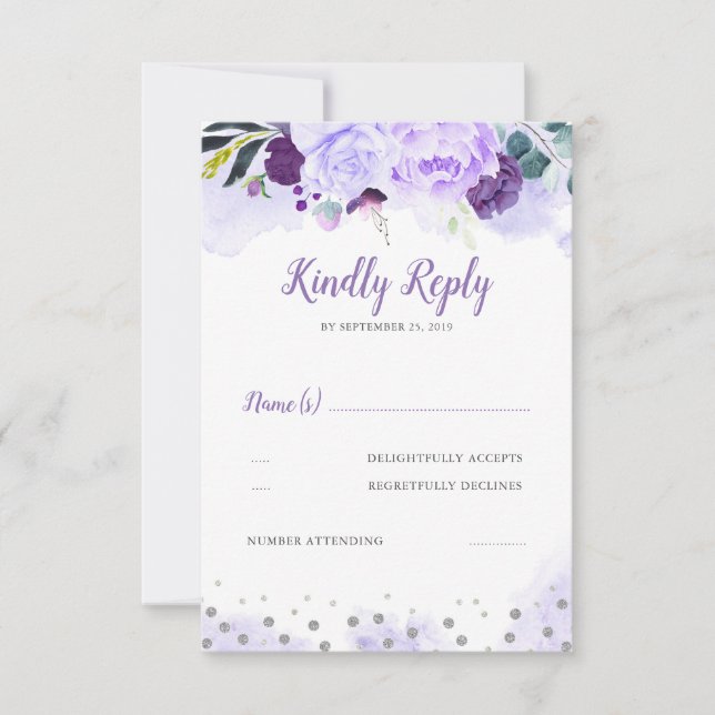 Purple and Silver Floral Wedding RSVP Card (Front)
