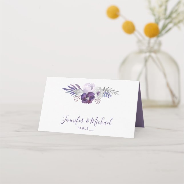 Purple and Silver Floral Wedding Table Escort 2 Place Card (Front)