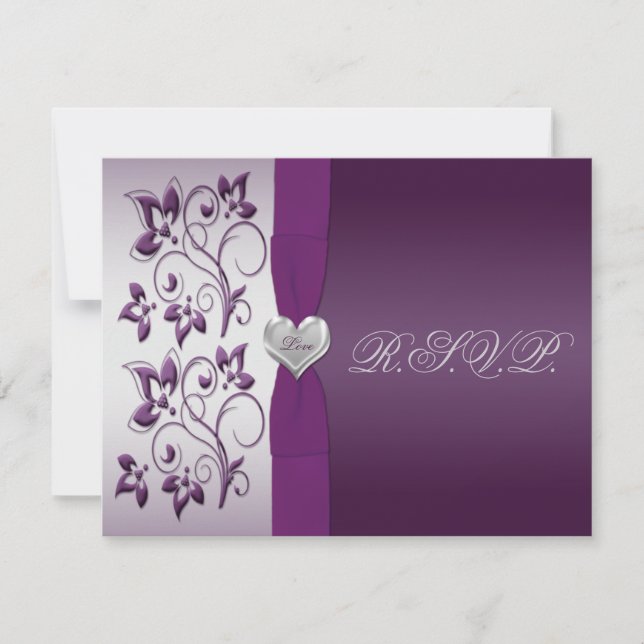Purple and Silver Floral with Silver Heart RSVP Card (Front)