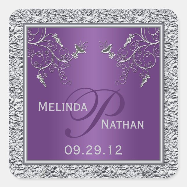 Purple and Silver Foil Floral Monogrammed Sticker (Front)