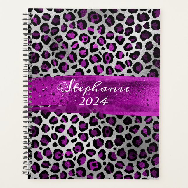 Purple and Silver Foil Leopard Brush Stroke Planner (Front)