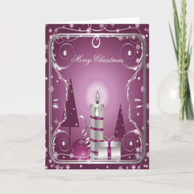 Purple and Silver framed christmas Candle 2 Holiday Card (Front)
