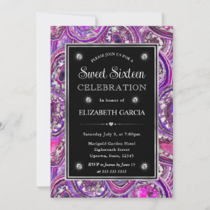 Purple and SIlver Geode Agate Frame Sweet 16 Invitation