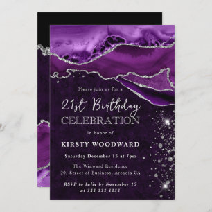Purple and Silver Glitter Agate Birthday Invitation
