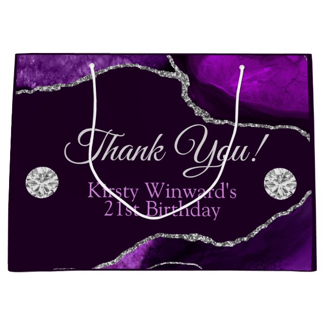 Purple and Silver Glitter Agate Birthday Large Gift Bag (Front)
