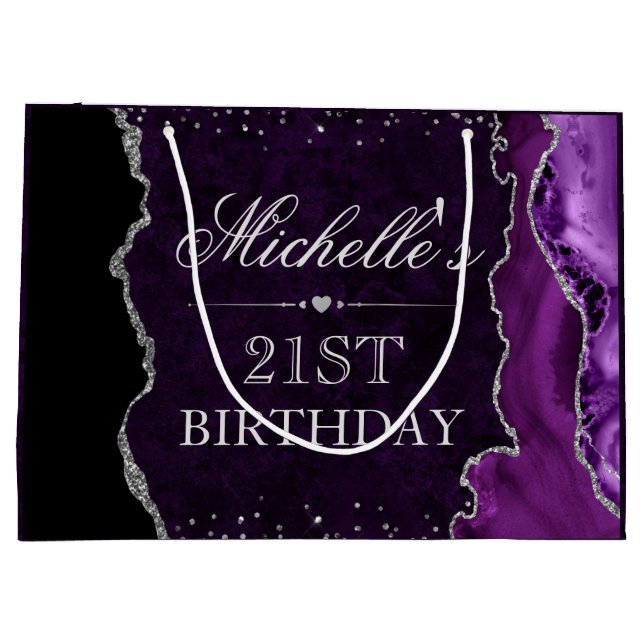 Purple and Silver Glitter Agate Birthday Large Gift Bag (Back)