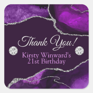 Purple and Silver Glitter Agate Birthday Party Square Sticker