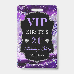 Purple and Silver Glitter Agate Birthday VIP ID Badge