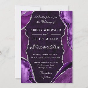 Purple and Silver Glitter Agate & Marble Wedding Invitation