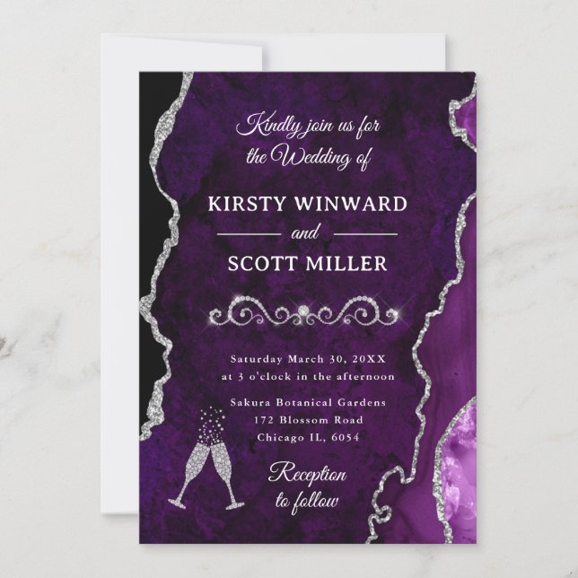 Purple and Silver Glitter Agate & Marble Wedding Invitation (Front)