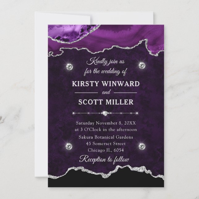 Purple and Silver Glitter Agate Marble Wedding Invitation (Front)