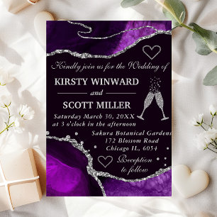 Purple and Silver Glitter Agate Marble Wedding Invitation