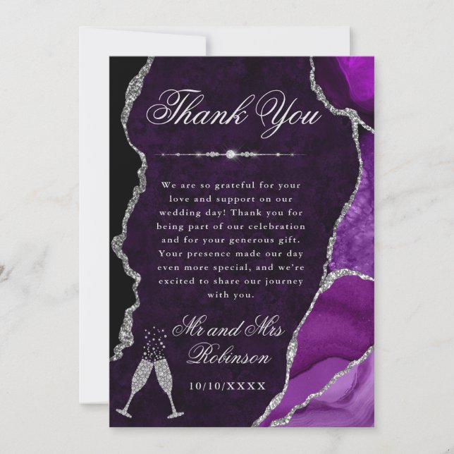 Purple and Silver Glitter Agate & Marble Wedding Thank You Card (Front)