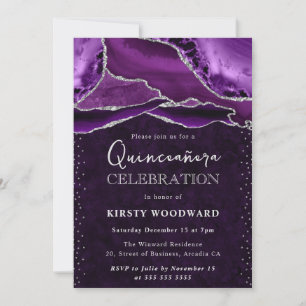 Purple and Silver Glitter Agate Quinceanera Invitation