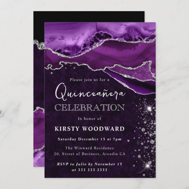 Purple and Silver Glitter Agate Quinceanera Invitation (Front/Back)